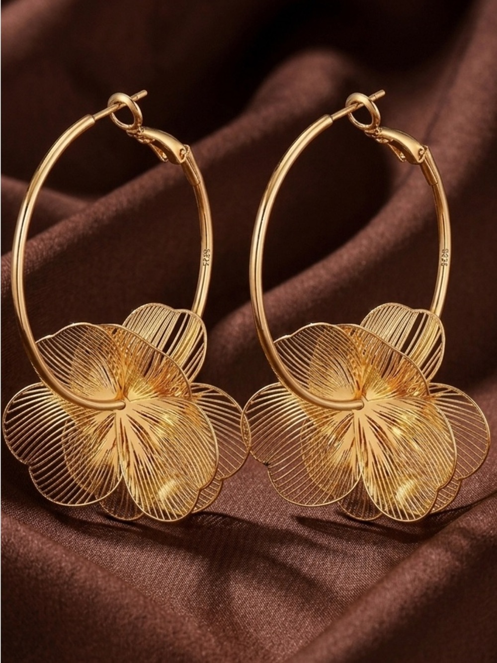 14K Gold Plated Sterling Silver Trendy Floral Flower Hoop Earrings